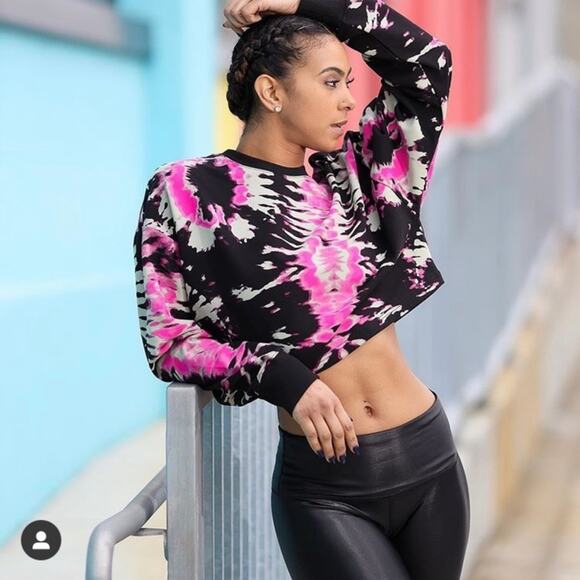 Noli Black Multicolor Tie Dye Crew Neck Long Sleeve Crop Sweatshirt Top Size L - Picture 1 of 9